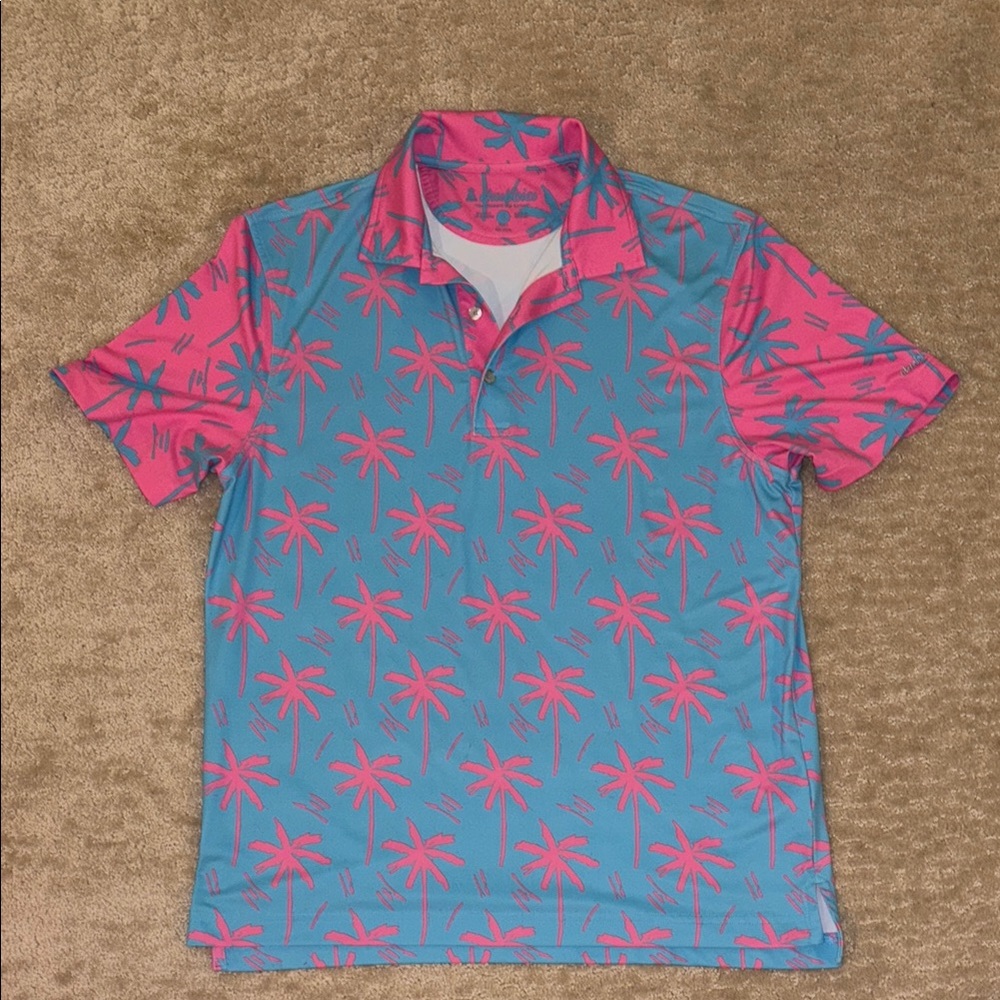 Chubbies Tropical Palm Print Polo Shirt - Blue and Pink size Small